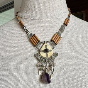 Peruvian Bamboo Necklace With Amethyst Dangle Pendant & Handcrafted